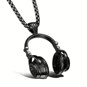 🎵 Black Music Headphone Hip Hop Necklace w 23” Long Stainless Steel Chain